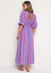 Born2be - Fioletowo-Różowa Taliowana Sukienka z Bawełny z Motywem Pasków Rivettes. Kolor: fioletowy. Materiał: bawełna. Sezon: lato #4