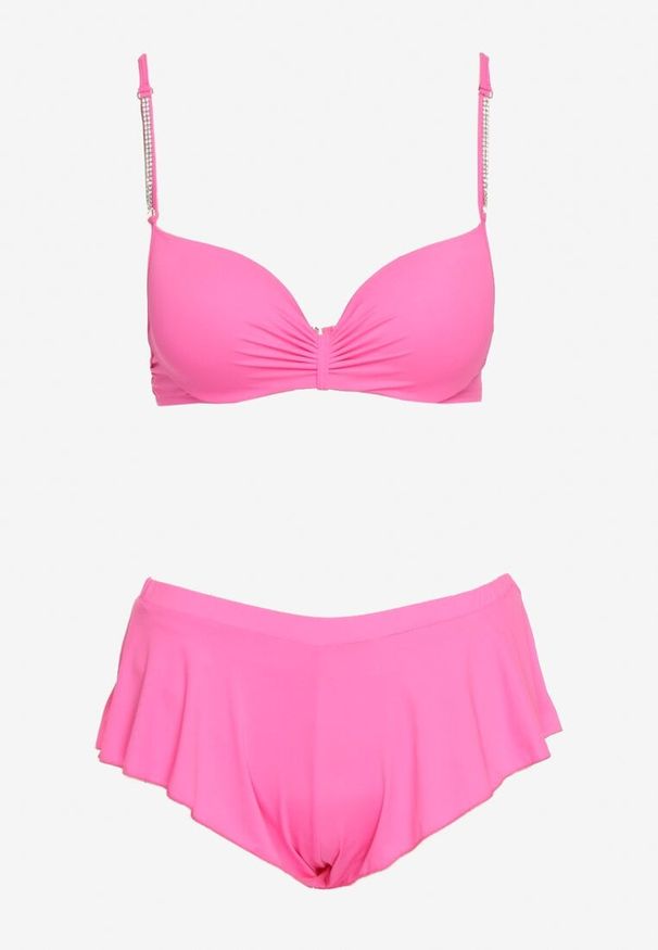 Renee - Różowe Bikini Usztywniany Biustonosz z Cyrkoniami i Spodenki Kąpielowe Wykończone Gumką w Pasie Rilamia. Kolor: różowy. Wzór: aplikacja