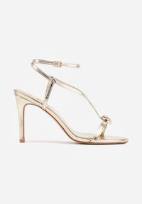 Renee - Złote Sandały na Szpilce z Paskiem Wokół Kostki Zdobione Metaliczną Aplikacją Selais. Zapięcie: pasek. Kolor: złoty. Materiał: koronka, satyna. Wzór: aplikacja. Obcas: na szpilce. Styl: elegancki, wizytowy #7