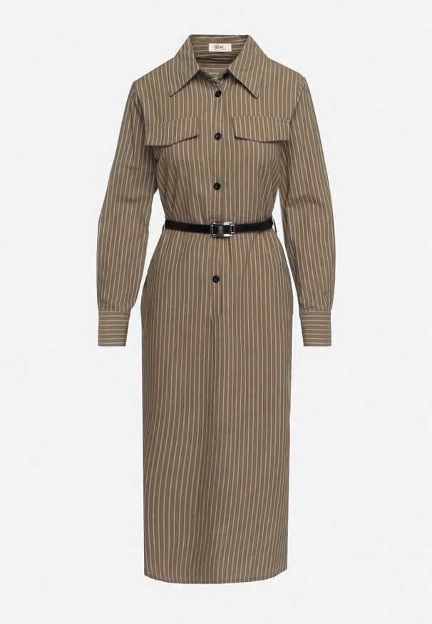 Born2be - Zielona Koszulowa Sukienka na Guziki z Paskiem i Imitacją Kieszeni Tintarra. Kolor: zielony. Typ sukienki: koszulowe. Styl: elegancki, klasyczny, sportowy