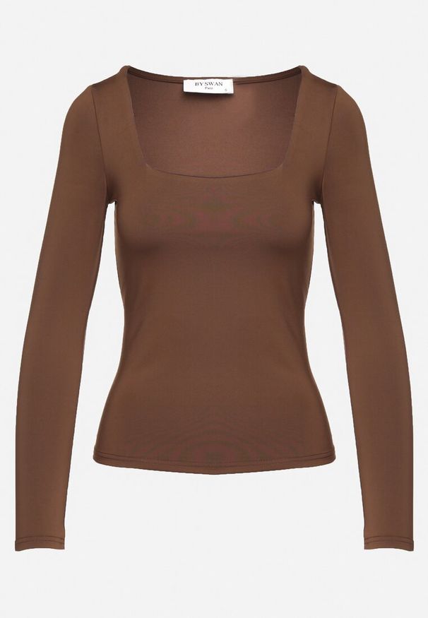 Born2be - Brązowa Bluzka z Wiskozą z Długim Rękawem i Kwadratowym Dekoltem Alexusi. Okazja: na co dzień, do pracy. Typ kołnierza: dekolt kwadratowy. Kolor: brązowy. Materiał: dzianina, wiskoza. Długość rękawa: długi rękaw. Długość: długie. Wzór: gładki. Styl: casual, klasyczny, elegancki