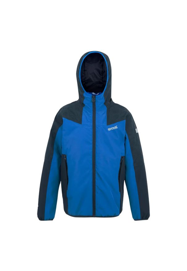 Regatta - Dziecięca Wodoodporna Kurtka Odblaskowa Volcanics. Kolor: niebieski, wielokolorowy, zielony. Styl: sportowy. Sport: turystyka piesza