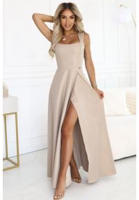 Numoco - Długa suknia wieczorowa rozkloszowana szampańska z błyskiem. Okazja: na ślub cywilny, na imprezę, na wesele, na studniówkę. Styl: wizytowy. Długość: maxi #4