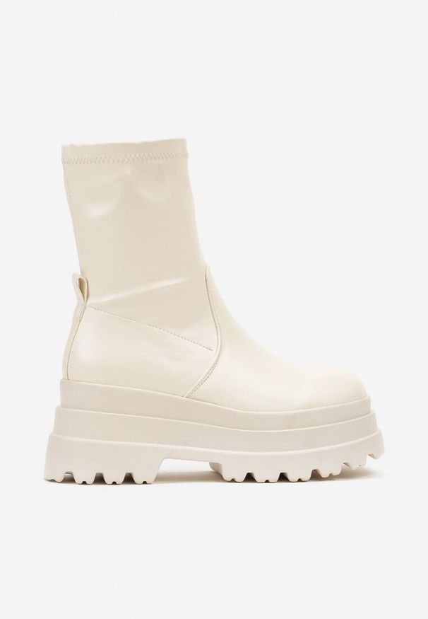 Renee - Beżowe Botki na Podwójnej Platformie z Przylegającą Cholewką Belariel. Okazja: na co dzień, na imprezę. Kolor: beżowy. Materiał: jeans. Szerokość cholewki: normalna. Obcas: na platformie. Styl: casual, elegancki. Wysokość obcasa: średni