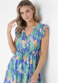 Born2be - Niebieska Sukienka Mini z Gumką w Talii i Falbankami z Wiskozy Calanna. Typ kołnierza: kołnierz z falbankami. Kolor: niebieski. Materiał: wiskoza. Sezon: wiosna, lato. Długość: mini #2