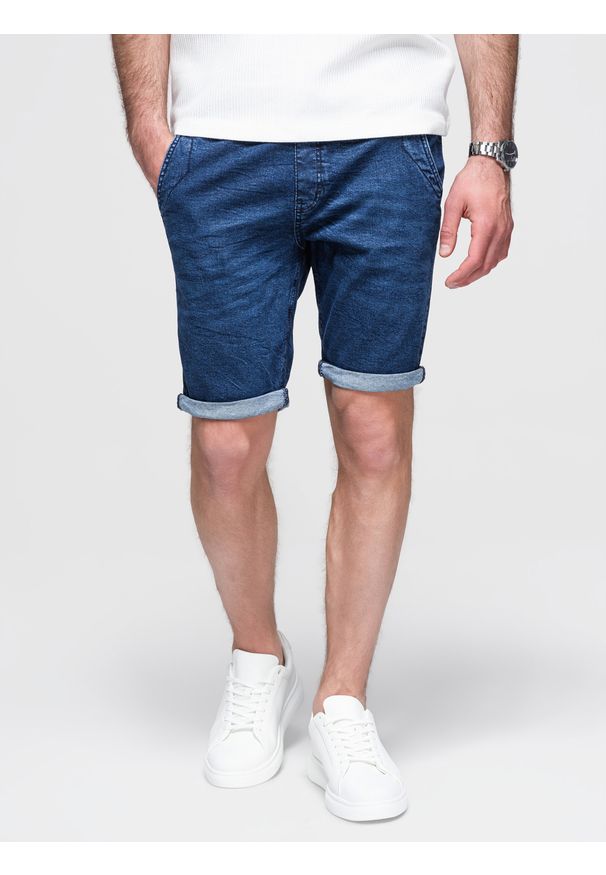 Ombre Clothing - Szorty jeansowe męskie z podwinięta nogawką - ciemnoniebieskie V2 - Rozmiar: L. Kolor: niebieski. Materiał: jeans. Sezon: lato. Styl: elegancki, klasyczny