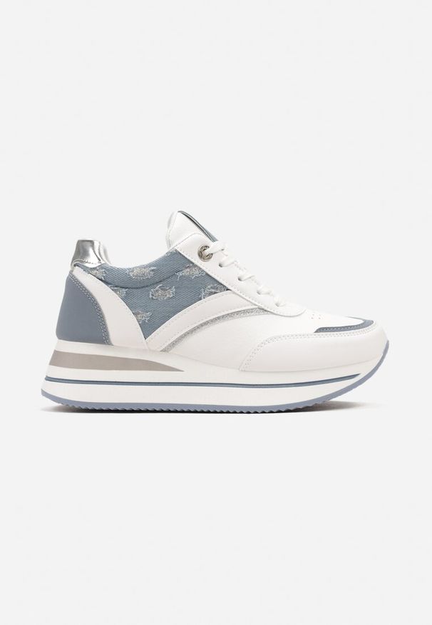 Renee - Biało-Niebieskie Sznurowane Sneakersy z Ekoskóry z Błyszczącymi Wstawkami Fiviara. Okazja: na co dzień. Zapięcie: pasek. Kolor: biały. Szerokość cholewki: normalna. Wzór: paski