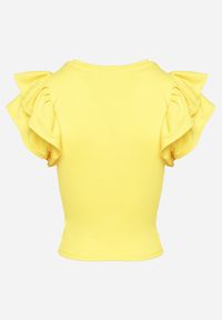 Born2be - Żółty T-shirt Koszulka z Prążkowanego Materiału z Falbanką przy Rękawach Vimandria. Okazja: na co dzień. Typ kołnierza: dekolt w łódkę, kołnierz z falbankami. Kolor: żółty. Materiał: prążkowany, materiał. Styl: casual, elegancki #3