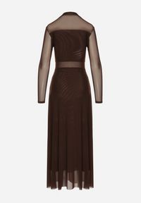 Born2be - Brązowa Siateczkowa Sukienka Rozkloszowana Longsleeve z Domieszką Wiskozy Eprela. Okazja: na randkę. Kolor: brązowy. Materiał: wiskoza. Długość rękawa: długi rękaw. Typ sukienki: rozkloszowane. Styl: klasyczny #5