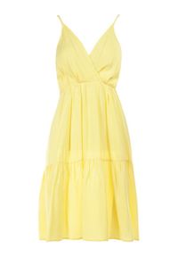 Born2be - Żółta Sukienka z Wiskozy Aikena. Kolor: żółty. Materiał: wiskoza. Długość rękawa: na ramiączkach. Typ sukienki: kopertowe. Długość: mini #4