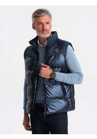 Ombre Clothing - Bezrękawnik męski pikowany błyszczący - granatowy V2 - Rozmiar: L/XL. Kolor: niebieski. Materiał: materiał, poliester. Długość rękawa: bez rękawów #1
