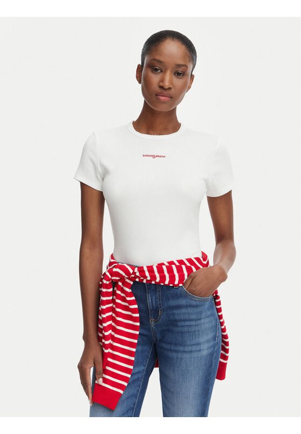 Tommy Jeans T-Shirt Script Rib DW0DW22809 Kremowy Slim Fit. Kolor: kremowy. Materiał: bawełna