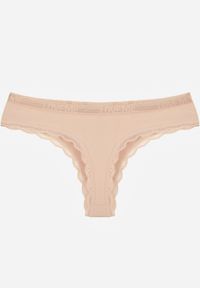 Renee - Beżowe Majtki Stringi Ozdobione Koronką z Bawełną Meniliphis. Kolor: beżowy. Materiał: koronka, bawełna. Wzór: koronka, aplikacja #2