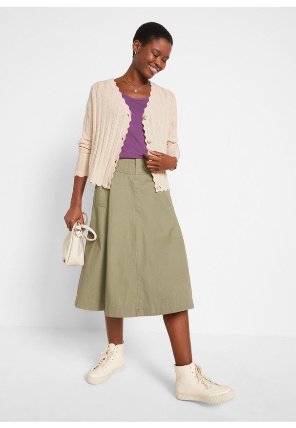 bonprix - Krótki kardigan ażurowy. Kolor: beżowy. Materiał: wiskoza. Długość: krótkie. Wzór: ażurowy