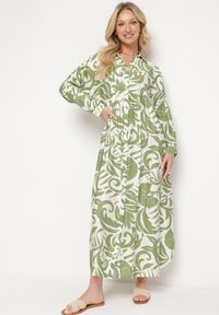 Born2be - Zielona Sukienka Szmizjerka Zapinana na Guziki z Falbanką Lavernia. Okazja: na co dzień, na randkę. Typ kołnierza: kołnierz z falbankami, dekolt w kształcie V. Kolor: zielony. Materiał: wiskoza, jeans, materiał. Długość rękawa: długi rękaw. Typ sukienki: szmizjerki. Styl: casual, elegancki, klasyczny #5