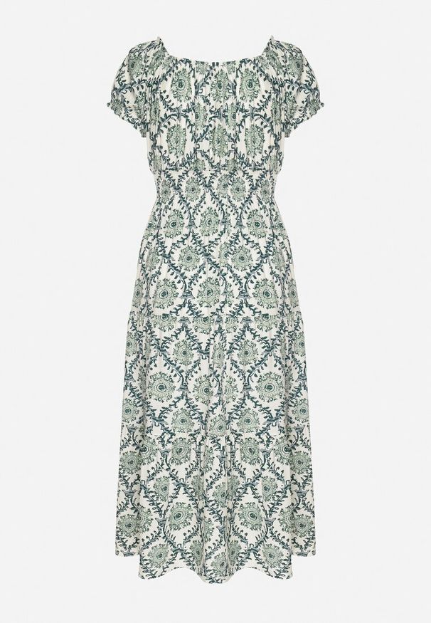 Born2be - Zielona Sukienka z Bawełną i Bufiastymi Rękawami Revilee. Okazja: na co dzień, na spacer. Kolor: zielony. Materiał: bawełna. Wzór: aplikacja. Styl: casual, elegancki