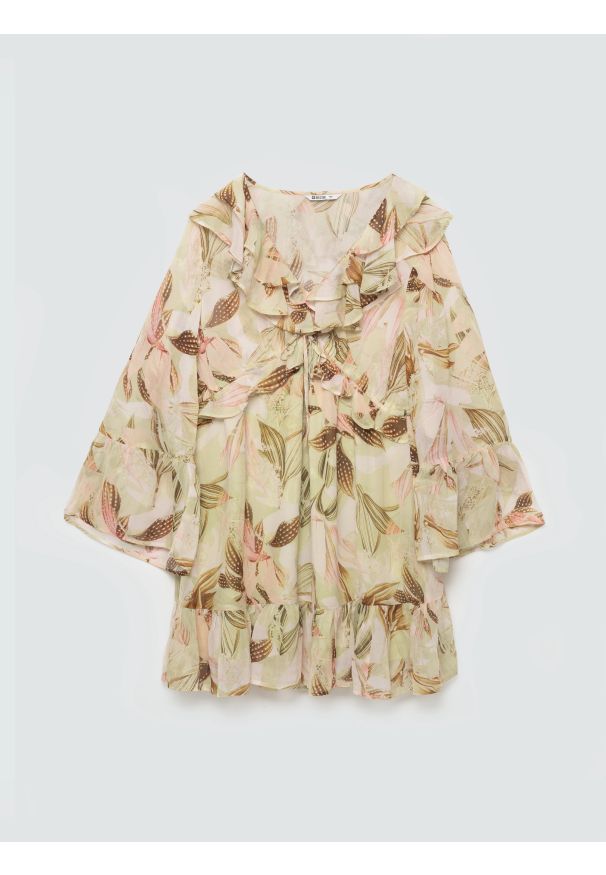 Big-Star - Sukienka damska mini z wiskozy w roślinny wzór Amisi 000. Okazja: na co dzień, na spacer. Typ kołnierza: dekolt w serek. Kolor: wielokolorowy. Wzór: kwiaty, nadruk, aplikacja. Materiał: wiskoza. Długość rękawa: długi rękaw. Sezon: lato. Styl: wakacyjny, casual. Długość: mini