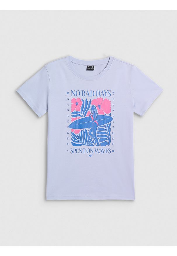 4f - 4F T-shirt regular z nadrukiem damski - niebieski XL. Okazja: na co dzień. Kolor: niebieski. Materiał: materiał, bawełna, dzianina. Wzór: nadruk. Styl: casual
