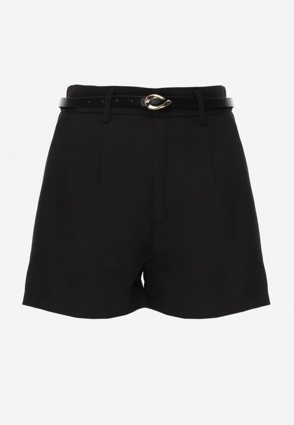 Renee - Czarne Szorty High Waist w Eleganckim Stylu z Cienkim Paskiem ze Sprzączką Rissarie. Stan: podwyższony. Kolor: czarny. Długość: długie. Styl: elegancki