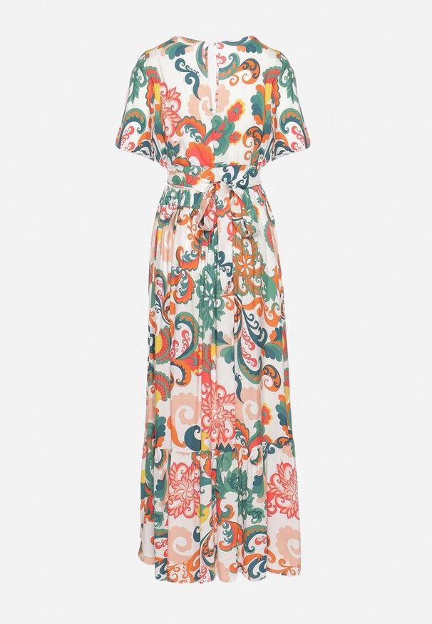 Born2be - Biało-Zielony Komplet Krótka Bluzka z Kopertowym Dekoltem Spódnica z Gumką w Pasie Binesta. Kolor: biały. Materiał: jeans, materiał