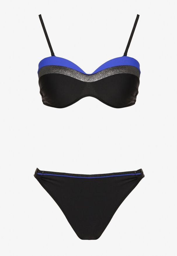 Renee - Niebiesko-Czarne Bikini z Metaliczną Nicią Usztywniany Biustonosz i Figi Mitelle. Kolor: niebieski. Wzór: aplikacja