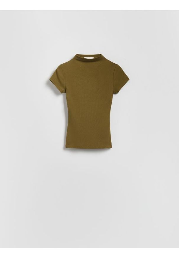 Reserved - T-shirt slim fit z wiskozą - oliwkowy. Kolor: oliwkowy. Materiał: wiskoza
