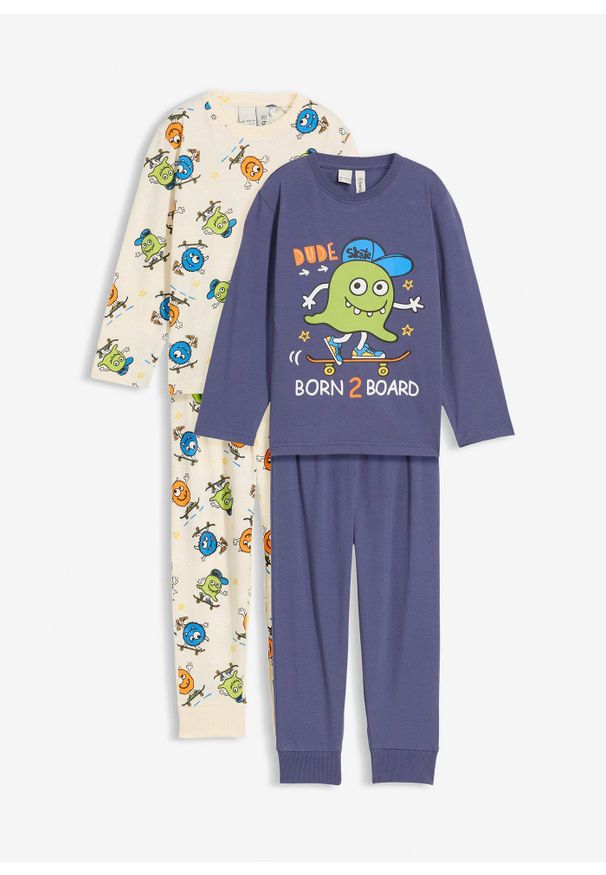 bonprix - Piżama z bawełny organicznej (komplet 2 piżam). Kolor: niebieski. Materiał: bawełna. Wzór: nadruk