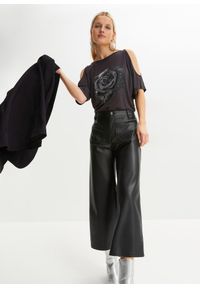 bonprix - Shirt cold-shoulder. Kolor: czarny. Wzór: kwiaty, nadruk. Styl: elegancki