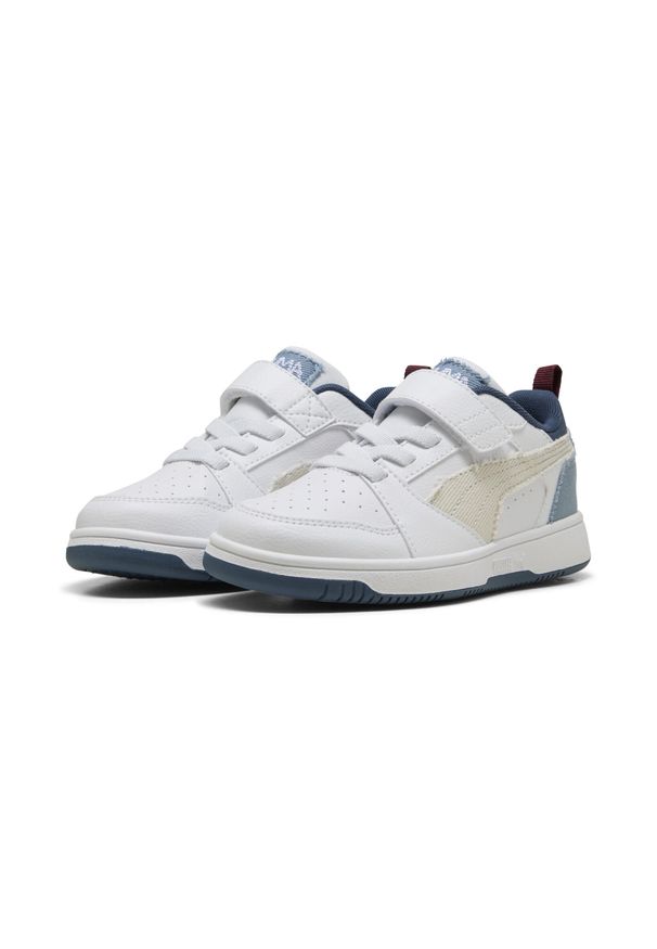 Puma - Dziecięce sneakersy Rebound V6 Lo Mid-90s PUMA White Vapor Gray Cool Blue. Okazja: na uczelnię. Kolor: szary, niebieski, wielokolorowy, biały. Sezon: lato. Sport: koszykówka, joga i pilates