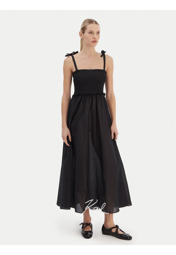 Karl Lagerfeld - KARL LAGERFELD Sukienka letnia A2W46009 Czarny Regular Fit. Typ kołnierza: dekolt w karo. Kolor: czarny. Materiał: bawełna. Sezon: lato