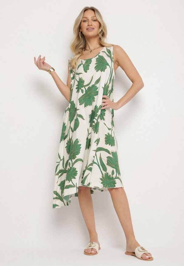 Born2be - Zielona Sukienka z Wiskozy z Wzorem w Kwiaty Bez Rękawów Orrulene. Okazja: na co dzień. Kolor: zielony. Materiał: wiskoza. Długość rękawa: bez rękawów. Wzór: kwiaty. Sezon: wiosna, lato. Styl: casual, klasyczny