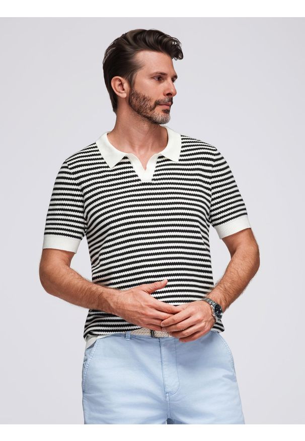 Ombre Clothing - Męska dzianinowa koszulka polo bez guzików w marynarskie paski – czarno-biała V1 - Rozmiar: XL. Typ kołnierza: polo. Kolor: czarny. Materiał: dzianina. Długość: krótkie. Wzór: paski. Sezon: lato. Styl: elegancki, retro