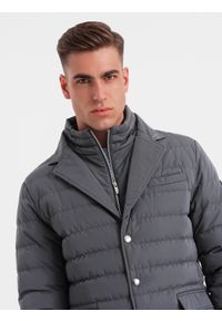 Ombre Clothing - Pikowana kurtka męska o kroju marynarki – grafitowa V2 - Rozmiar: M. Kolor: szary. Materiał: guma, syntetyk, poliester, materiał. Wzór: aplikacja. Styl: klasyczny, elegancki #11