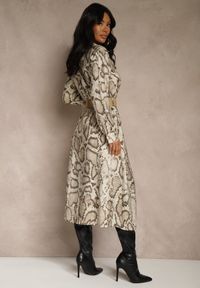 Renee - Beżowa Koszulowa Sukienka Snake Print z Wiskozą i Paskiem Bririn. Okazja: na co dzień. Kolor: beżowy. Materiał: wiskoza. Wzór: nadruk. Typ sukienki: koszulowe. Styl: casual #4