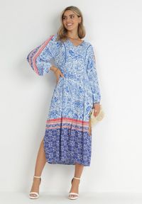 Born2be - Niebieska Sukienka Panithoe. Kolor: niebieski. Wzór: aplikacja. Styl: klasyczny, wakacyjny. Długość: midi #1