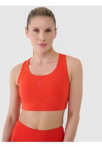 4f - 4F Biustonosz treningowy z niskim wsparciem damski - czerwony S. Kolor: czerwony. Materiał: guma, elastan, materiał, włókno, dzianina, syntetyk. Rodzaj stanika: wyciągane miseczki. Wzór: ze splotem, gładki, jednolity. Sport: fitness, joga i pilates #2