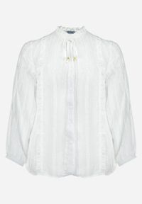 Born2be - Biała Koszula z Tkaniny Plumeti Ozdobiona Falbanką Selimina. Kolor: biały. Materiał: tkanina. Wzór: aplikacja #2