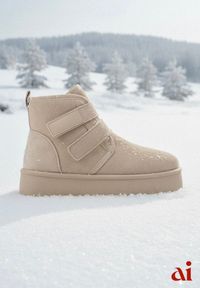 Renee - Beżowe Śniegowce na Platformie z Zapięciem na Rzep Tarimelle. Okazja: na spacer. Zapięcie: rzepy. Kolor: beżowy. Materiał: jeans, puch, futro. Sezon: zima. Obcas: na platformie #1