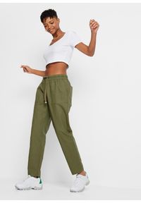 bonprix - Spodnie z gumką w talii z przewiewnego materiału z domieszką lnu. Kolor: zielony. Materiał: materiał, len #2