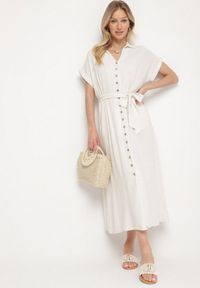 Born2be - Jasnobeżowa Sukienka Koszulowa z Wiskozy i Lnu Wiązana w Talii z Kieszeniami Efrasira. Okazja: na co dzień. Kolor: beżowy. Materiał: len, wiskoza. Typ sukienki: koszulowe. Styl: casual, elegancki #3