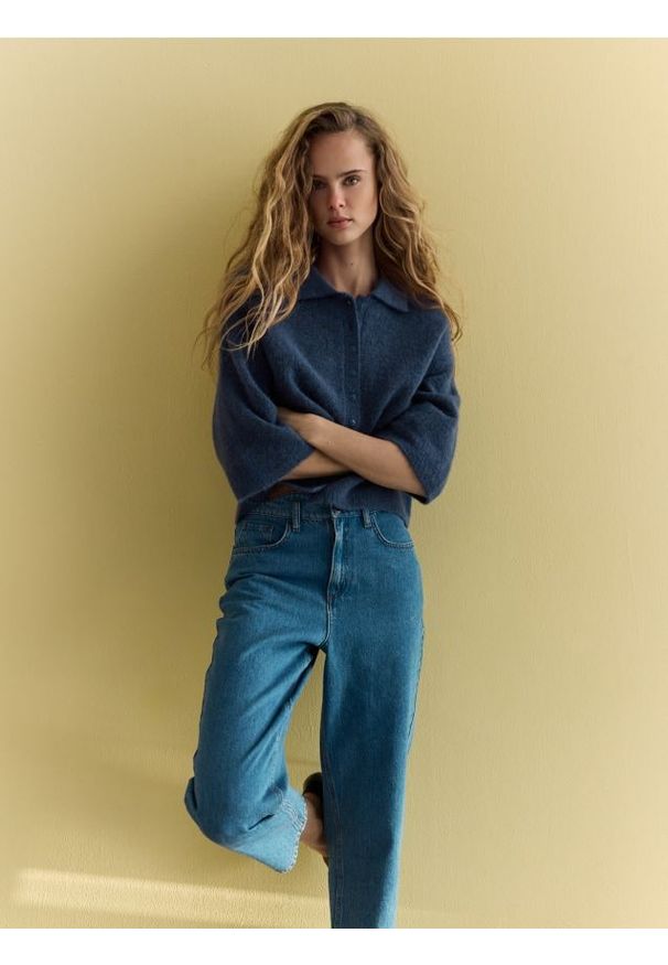 Reserved - Kardigan z dodatkiem wełny z alpaki - granatowy. Kolor: niebieski. Materiał: wełna