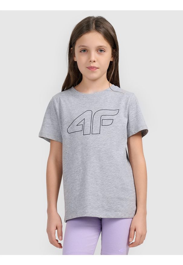 4f - 4F T-shirt oversize z nadrukiem dziewczęcy - szary 140 (9-10 lat). Okazja: na co dzień. Kolor: szary. Materiał: dzianina, jersey, bawełna. Wzór: nadruk. Sezon: lato. Styl: casual, klasyczny, sportowy
