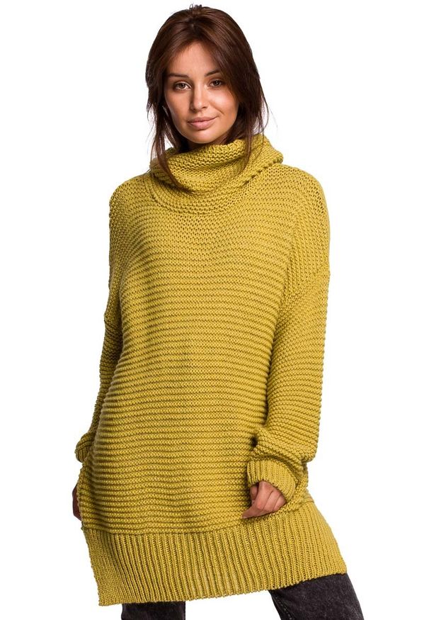 MOE - Damski Sweter Oversize z Golfem - Limonkowy. Typ kołnierza: golf. Materiał: wełna, nylon, akryl