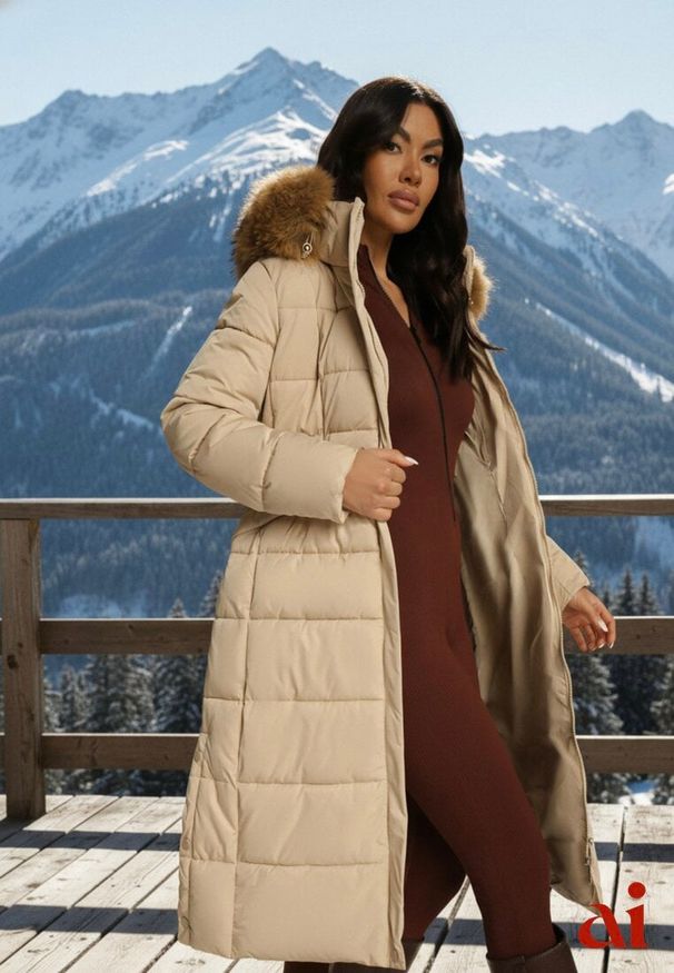 Renee - Beżowa Pikowana Kurtka o Długim Kroju z Paskiem i Kapturem z Futrem Aveslia. Kolor: beżowy. Materiał: futro. Długość: długie