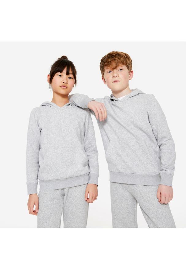 DOMYOS - Bluza dziecięca Domyos z kapturem. Typ kołnierza: kaptur. Kolekcja: plus size. Kolor: szary. Materiał: bawełna, materiał. Sport: joga i pilates