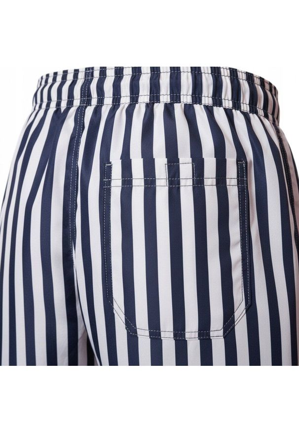 Męskie Spodenki Plażowe (Kąpielowe) - Pako Jeans - Granatowe w Prążek. Kolor: niebieski. Materiał: poliester. Wzór: prążki