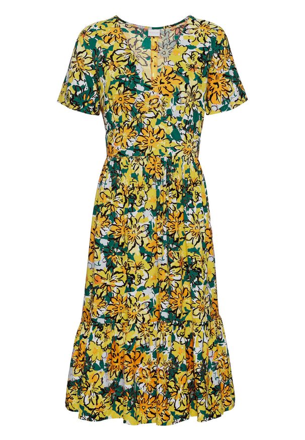 Sukienka bonprix szmaragdowo-żółty w kwiaty. Kolor: niebieski. Wzór: kwiaty