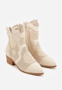 Born2be - Beżowe Ażurowe Botki Kowbojki z Haftem na Niskim Obcasie Typu Stożek Bertolina. Okazja: na co dzień. Kolor: beżowy. Materiał: jeans. Wzór: ażurowy, haft. Obcas: na obcasie. Styl: casual, klasyczny, wizytowy. Wysokość obcasa: niski #9