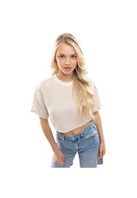 SIROKO - Damski tkany top Siroko IBZ Sunbeds Off White. Kolor: beżowy. Materiał: len, bawełna, tkanina. Długość rękawa: krótki rękaw. Długość: krótkie. Sezon: lato #1