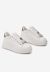 Born2be - Biało-Złote Sneakersy Helvira. Kolor: biały. Materiał: materiał. Szerokość cholewki: normalna. Wzór: aplikacja #3